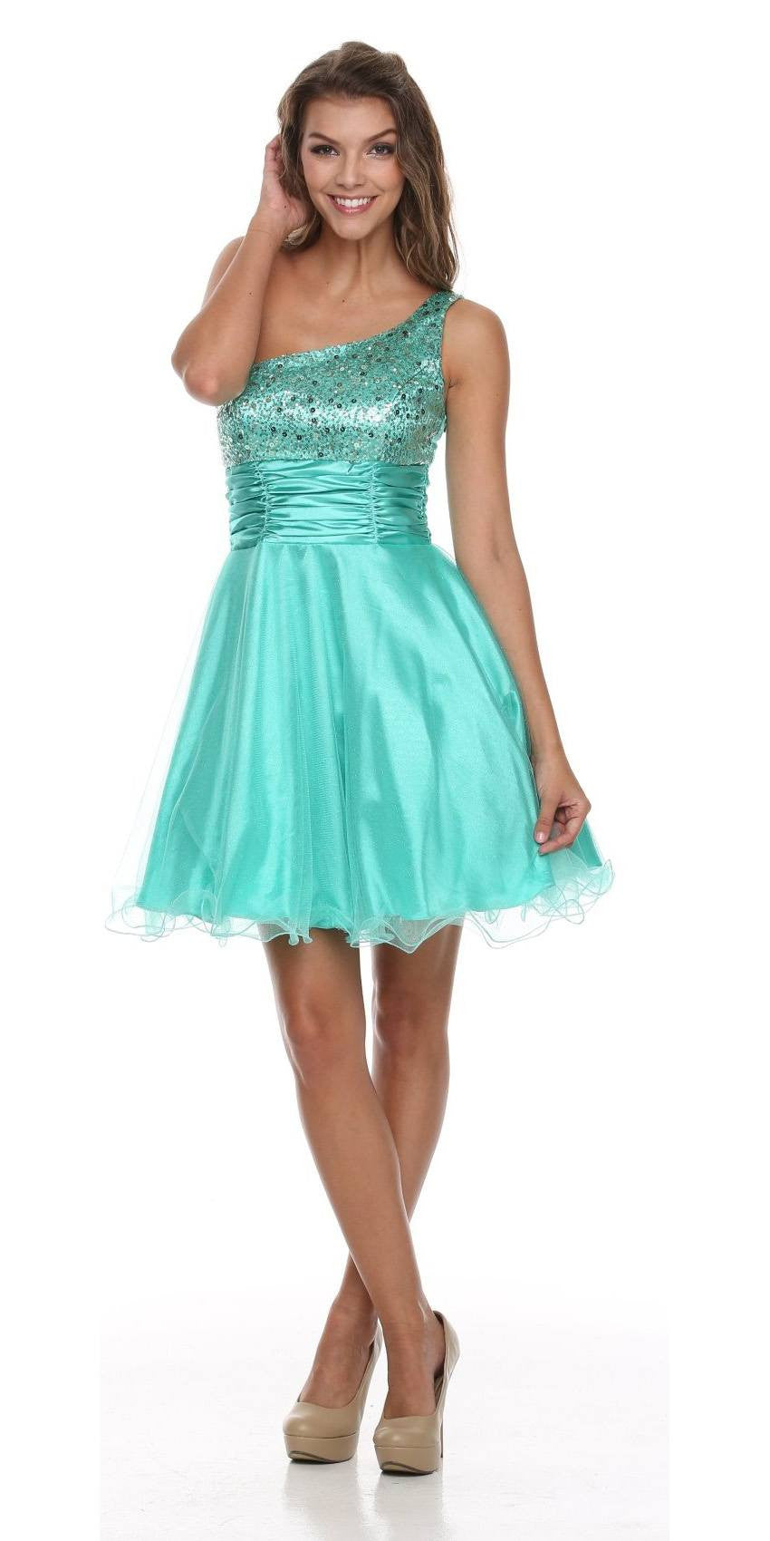 Teal one-shoulder short sequin dress with ruched bodice and layered tulle skirt