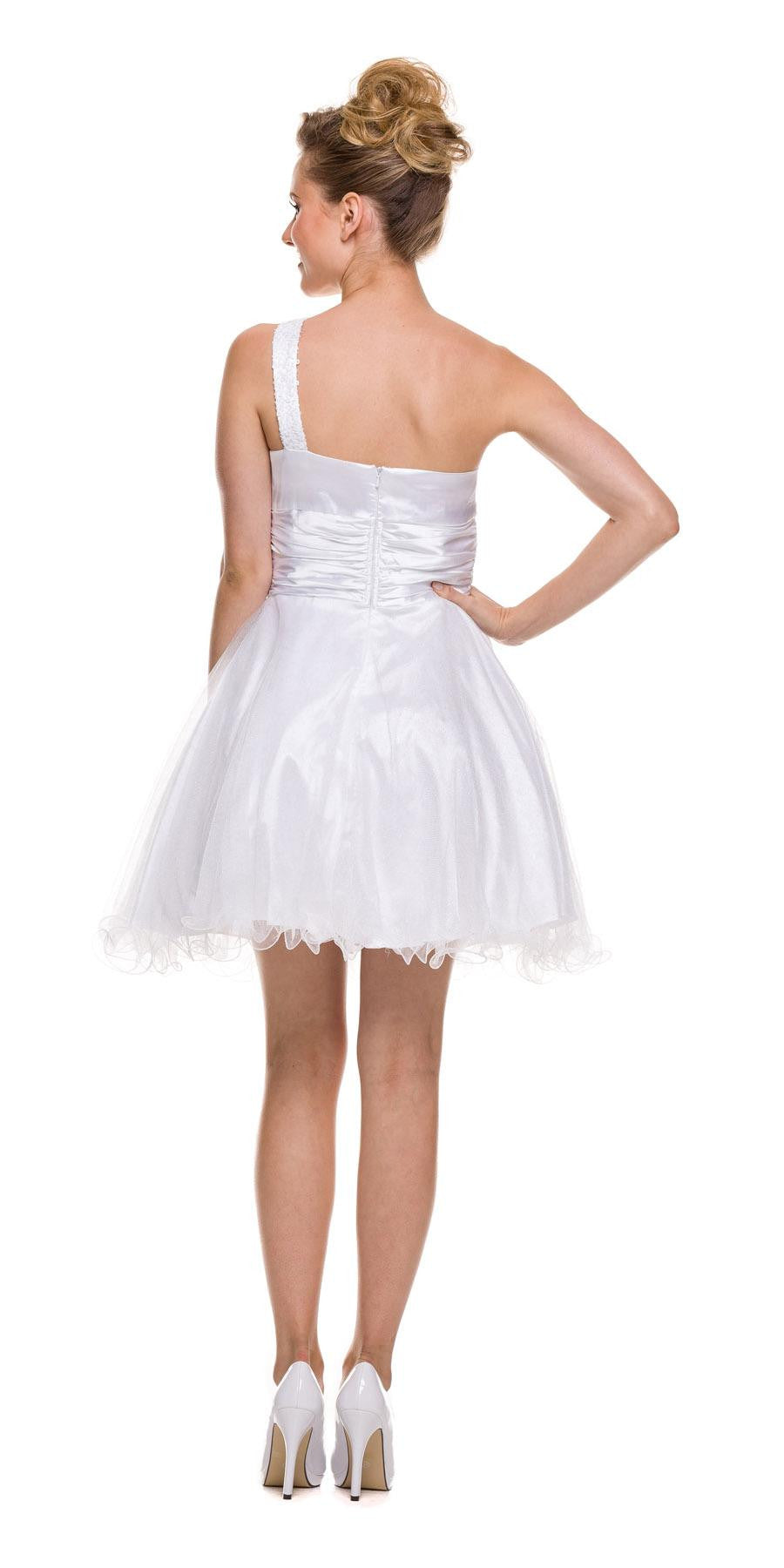 White one-shoulder short sequin dress, back view, with flared tulle skirt