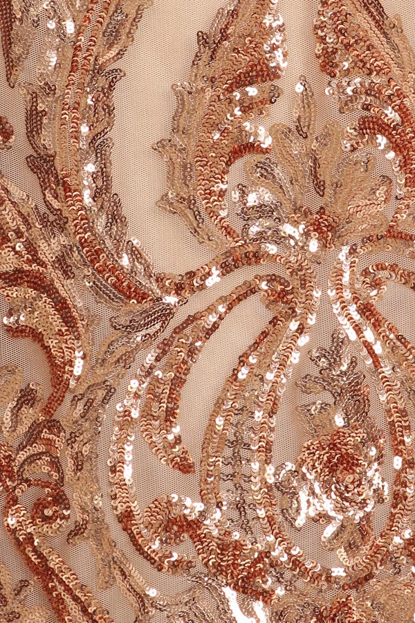 Rose gold sequin and beadwork pattern on sheer mesh bodice