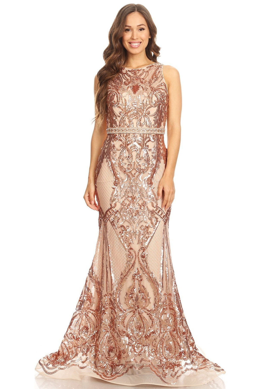 Rose gold sequin mermaid formal gown with fitted waist and scalloped hem