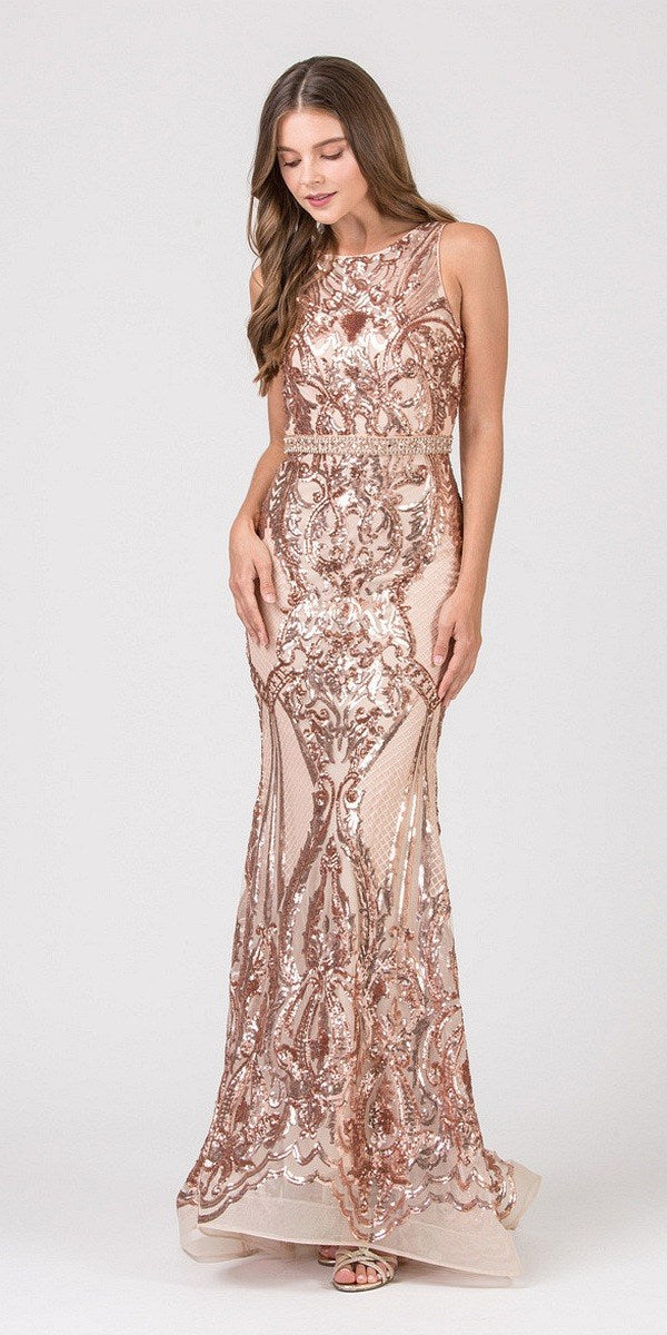 Rose gold sequin mermaid formal gown with sleeveless illusion neckline