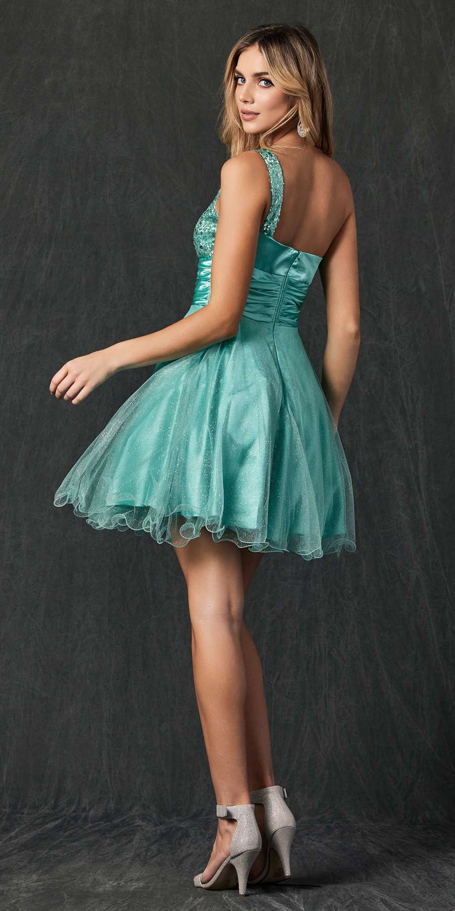 Teal one-shoulder short sequin dress with ruched bodice and flared tulle skirt