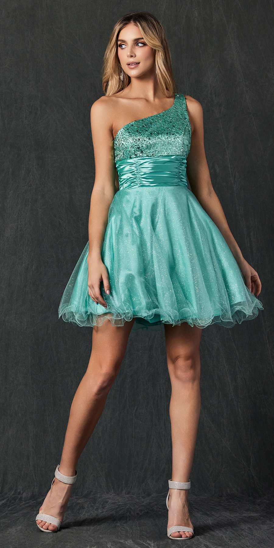 Teal one-shoulder short sequin dress with ruched bodice and tulle skirt