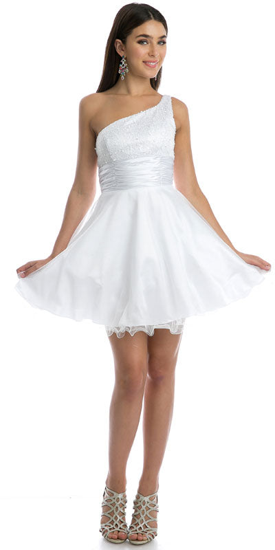White one-shoulder short dress with sequined bodice and flared layered tulle skirt