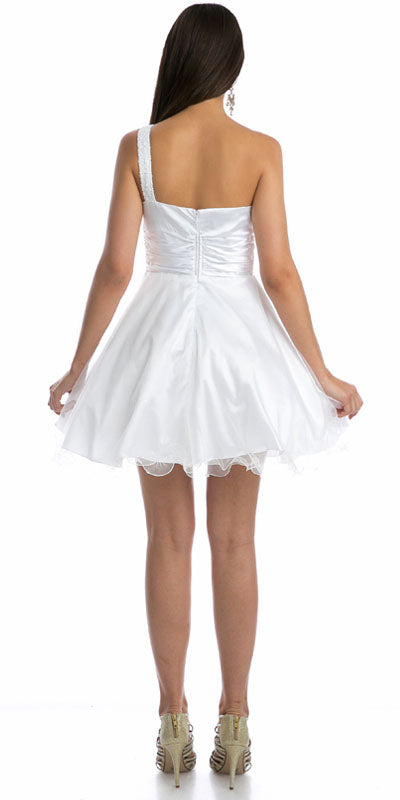 White one-shoulder short sequin dress, rear view, with tulle flared skirt