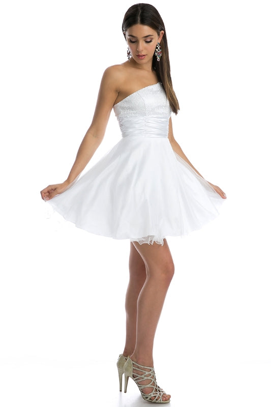 White one-shoulder short sequin dress with ruched bodice and flared tulle skirt