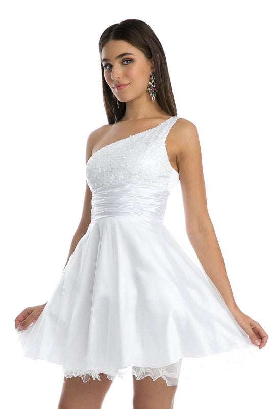 One-shoulder short dress with sparkly sequined bodice and layered tulle skirt, white