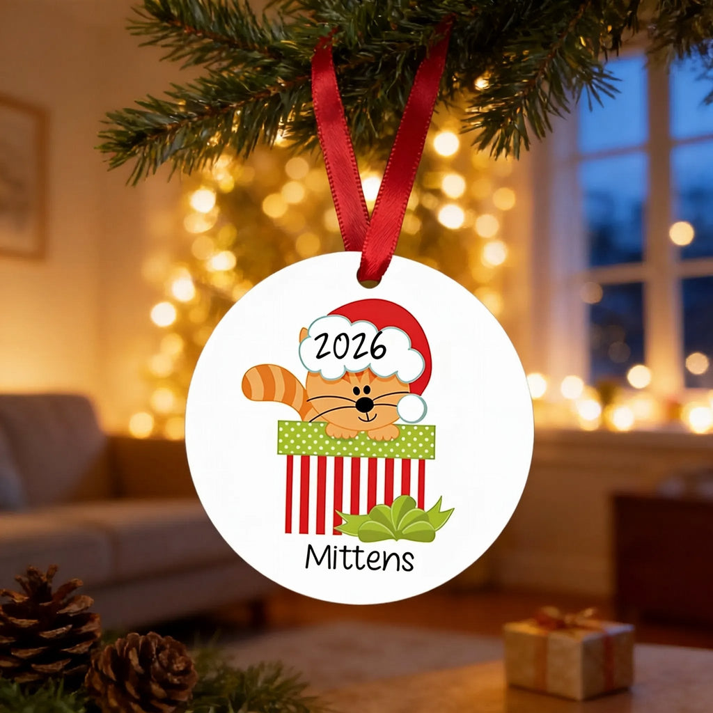 Round cat-themed Christmas ornament with red ribbon, 2026 and name “Mittens”