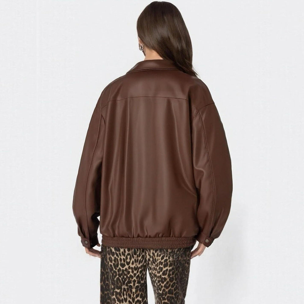 Women's Leather Jacket Loose Long Sleeve Lapel Motorcycle Jacket
