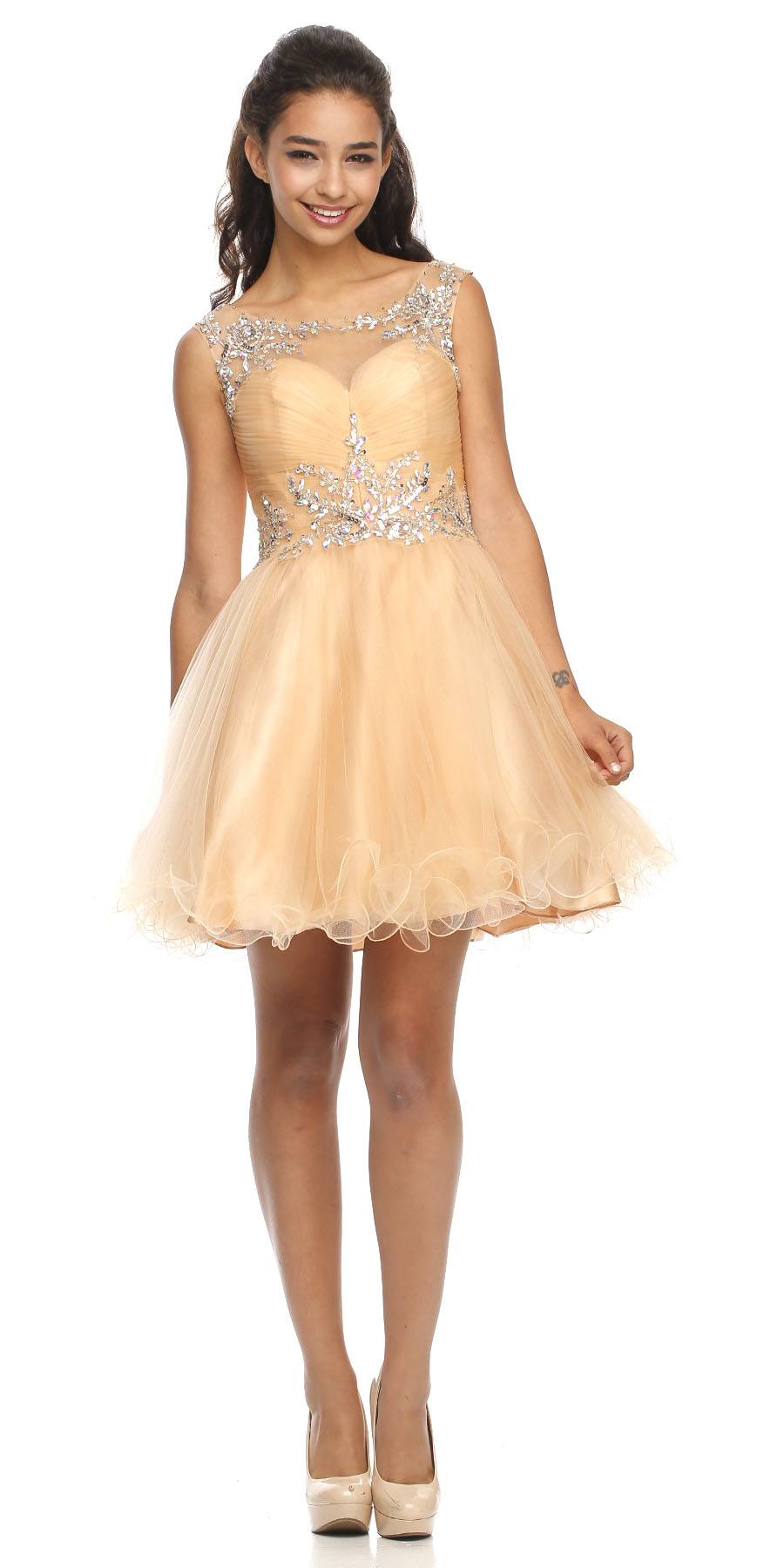 Gold cap sleeve baby doll dress with embellished bodice and tulle A-line skirt