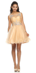 Gold cap sleeve baby doll dress with embellished bodice and tulle A-line skirt