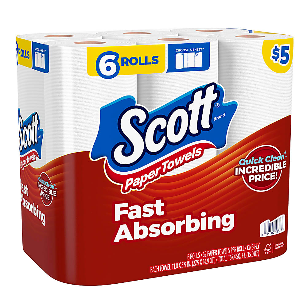 Scott Choose-A-Sheet Paper Towels, 62 Sheets Per Roll, White, Carton Of 6 Rolls