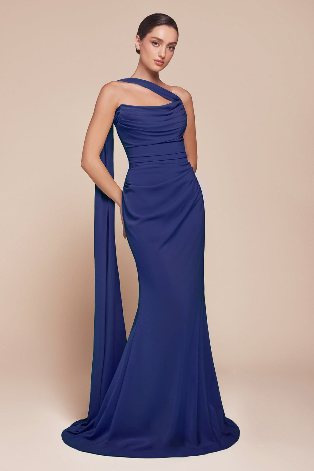 Ladivine one-shoulder draped bridesmaid dress with crossover strap, royal blue