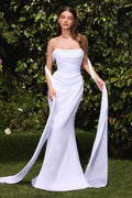 One-shoulder off-white satin bridal gown with draped bodice and flowing train