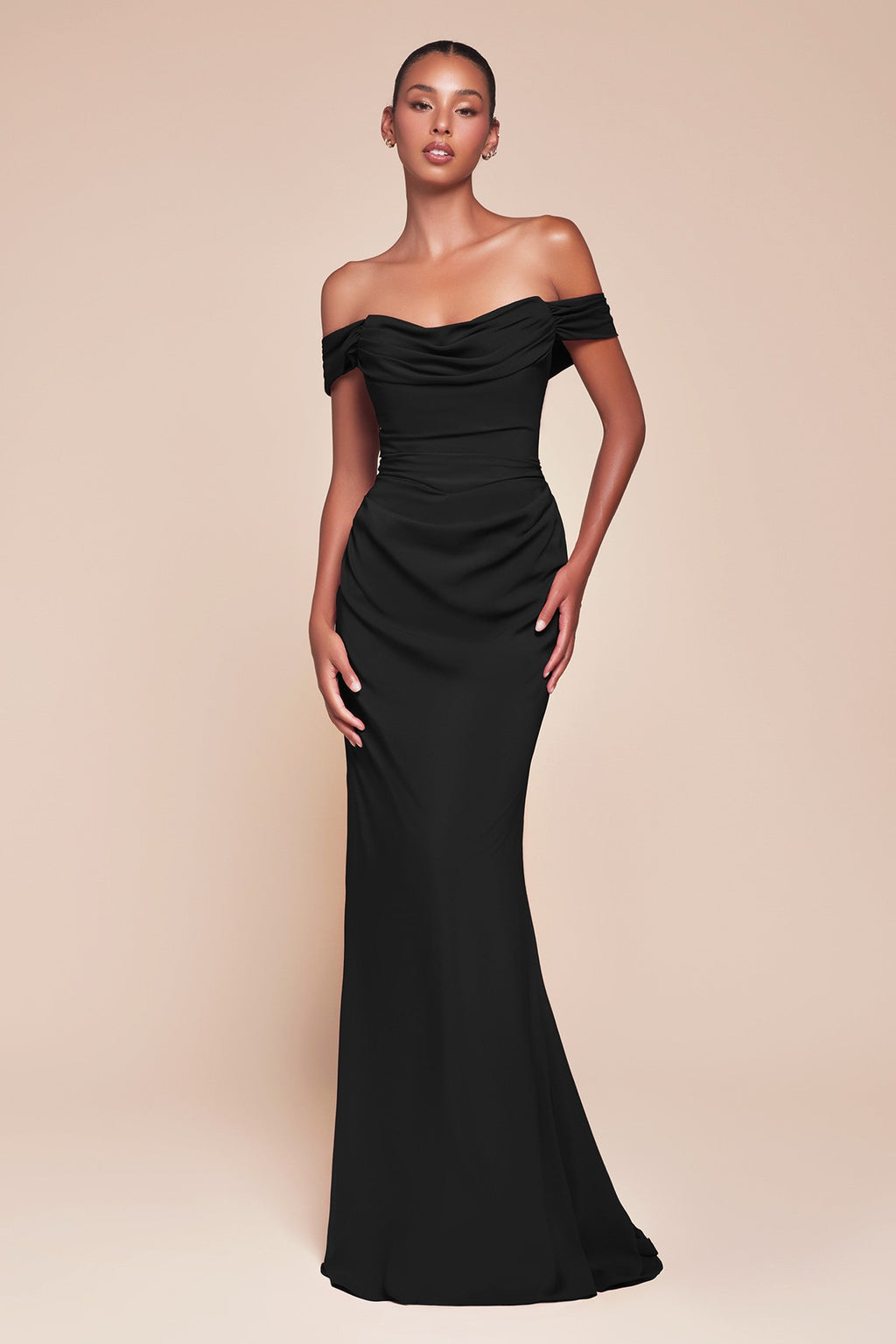 Black off-shoulder chiffon gown with draped neckline and column silhouette
