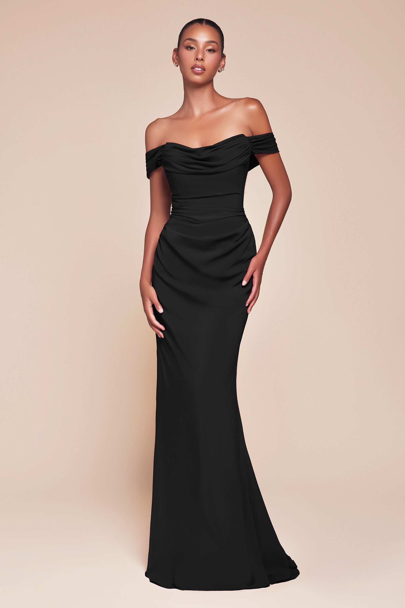 Black off-shoulder chiffon gown with draped neckline and column silhouette