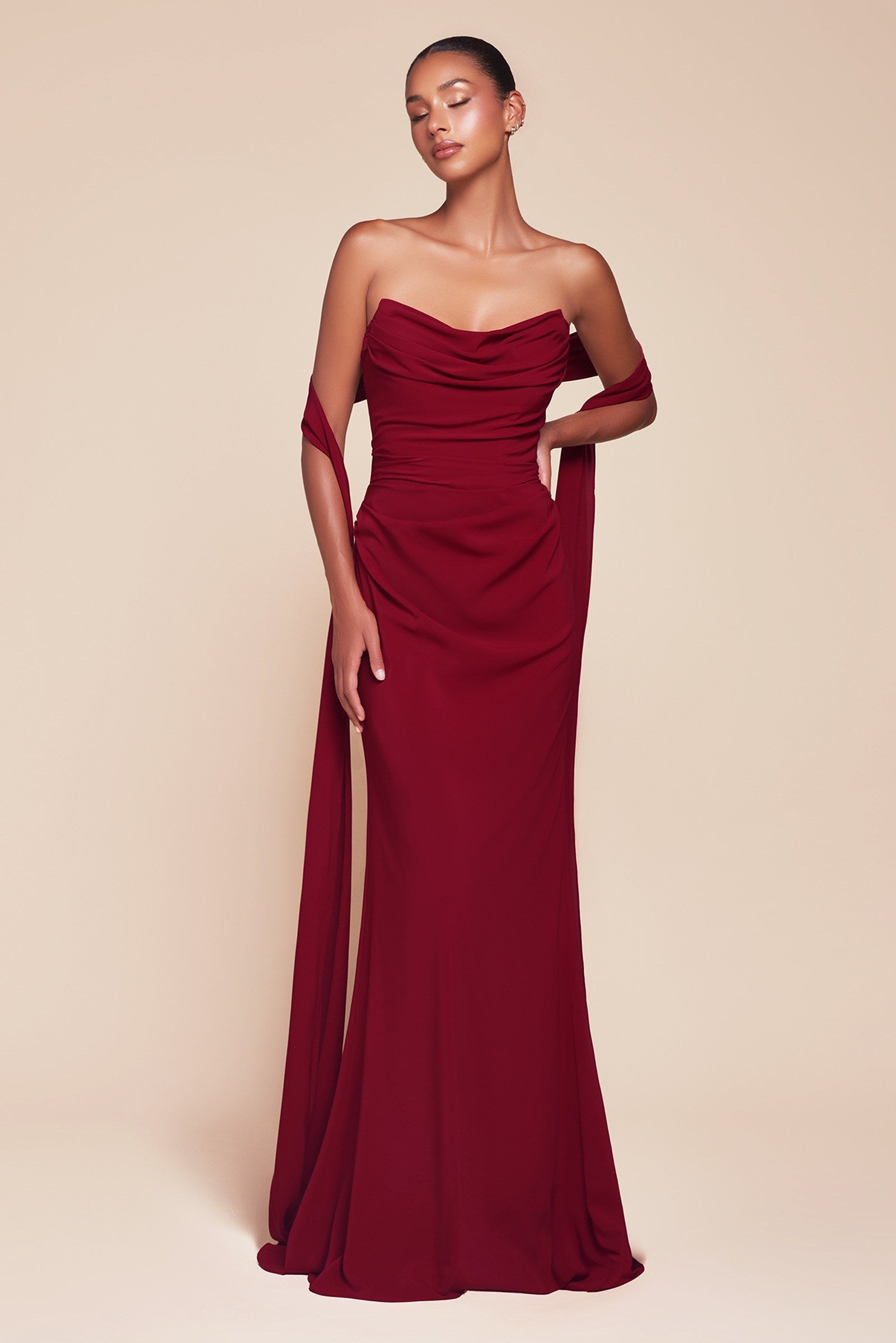 Sienna red strapless floor-length dress with draped neckline and fitted skirt