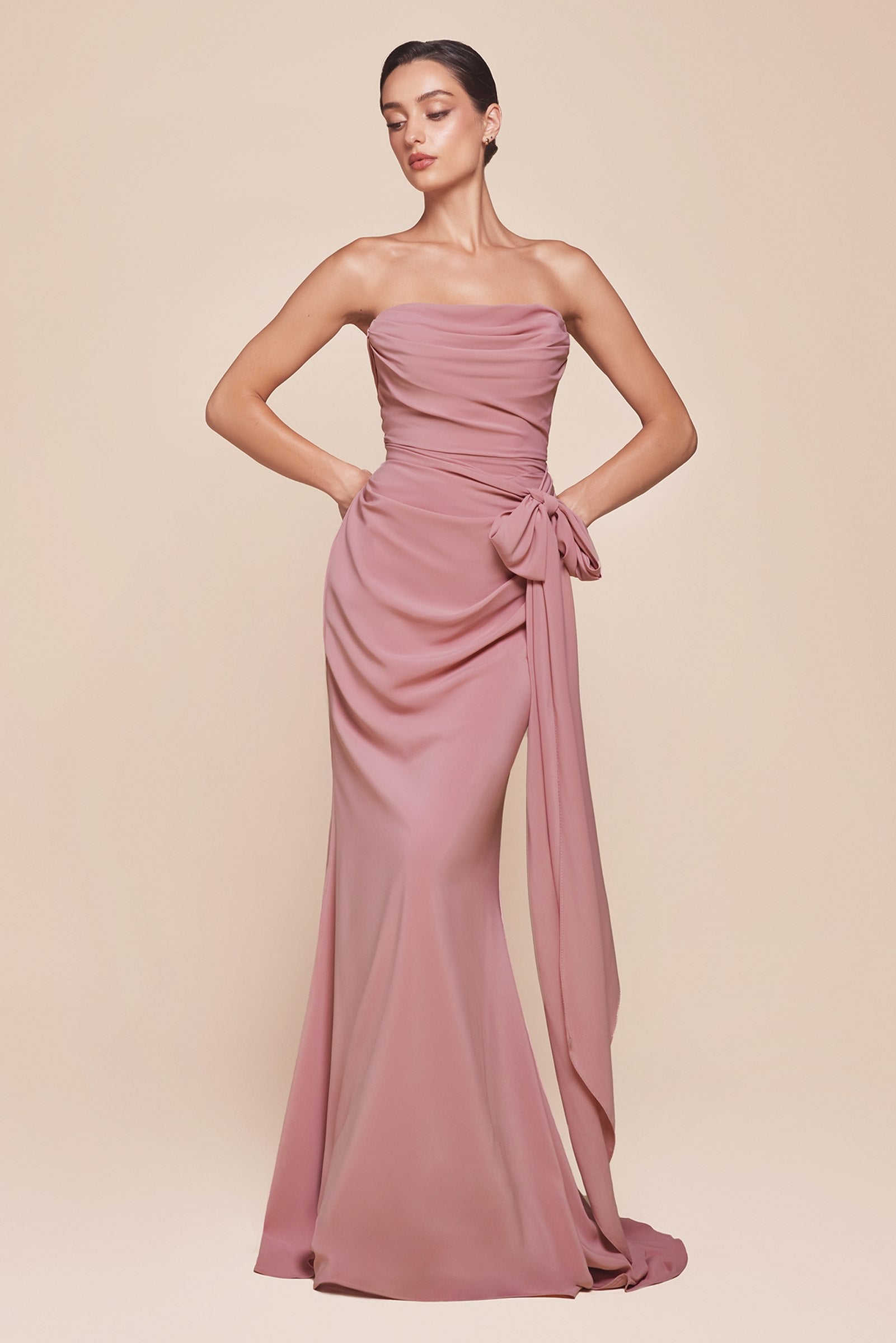 Ladivine strapless draped bridesmaid dress with side twist, mauve