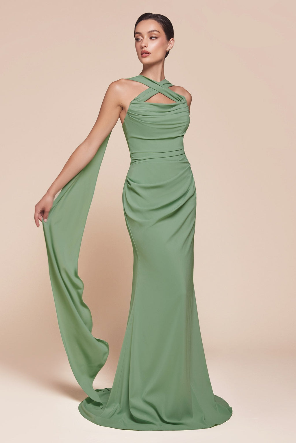 Dusty sage green halter-style chiffon gown with draped neckline and side scarf