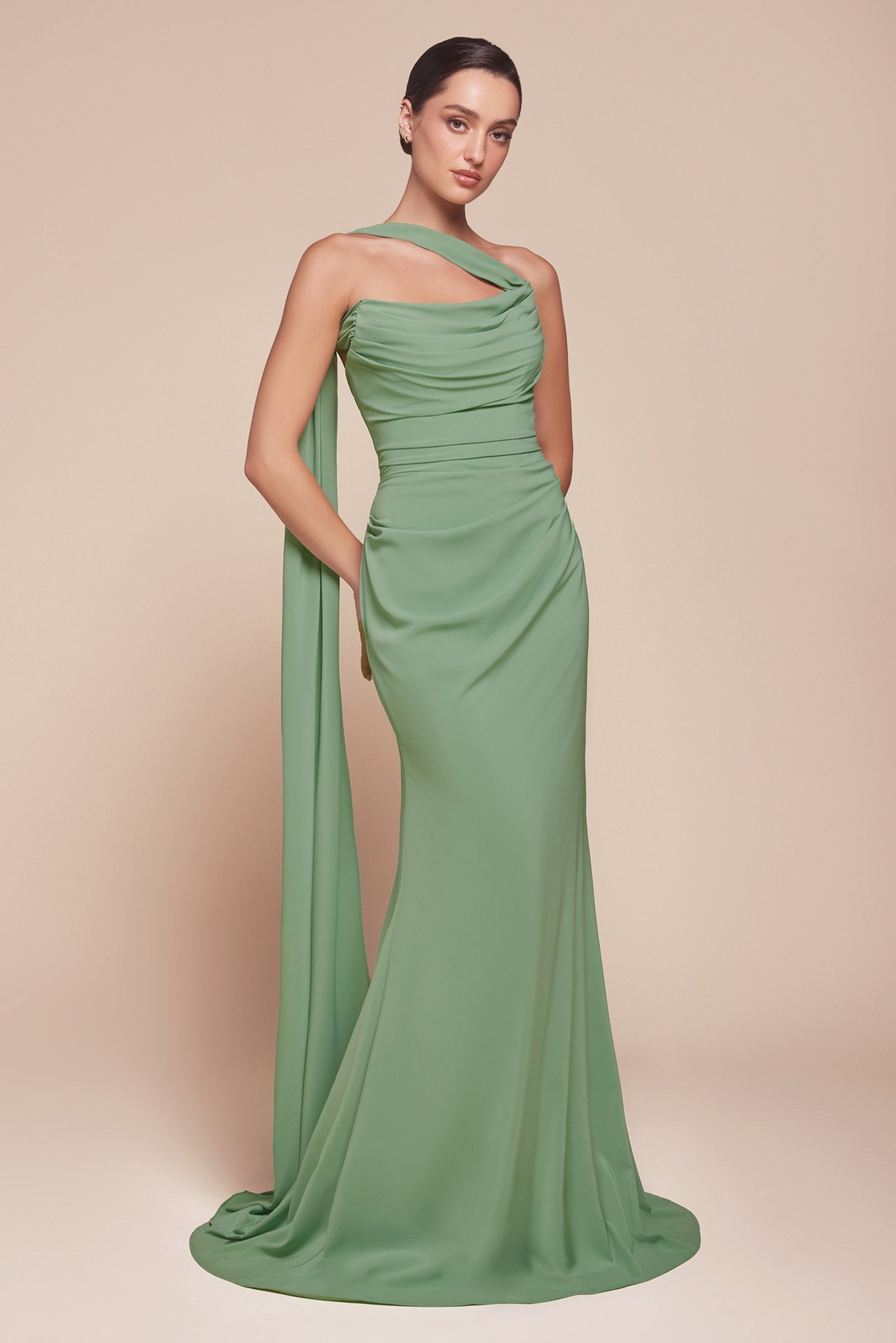 Ladivine one-shoulder draped bridesmaid dress with long draped side panel, mint green