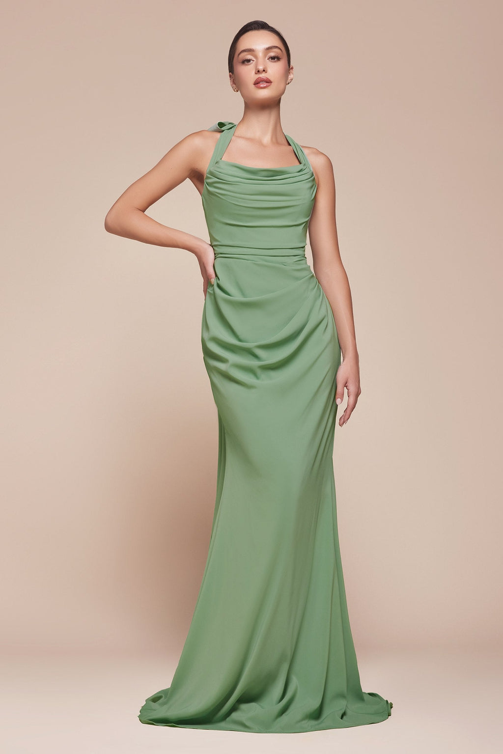 Dusty sage green halter chiffon gown with side drape and fitted column silhouette