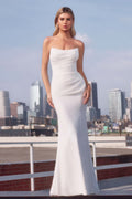 Off-white strapless chiffon fitted dress with straight neckline and flared hem