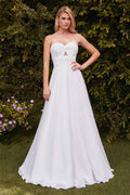 Strapless chiffon A-line dress, off-white, sweetheart neckline, fitted waist, full skirt
