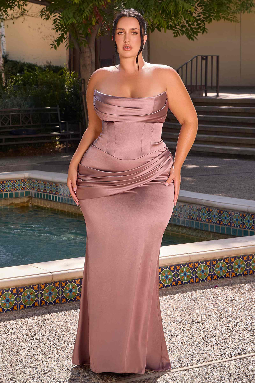 Ladivine 7439 Luxe Satin Strapless Two Piece Fitted Gown