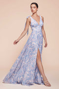 Light blue floral maxi A-line dress with tie shoulder straps and V-neck