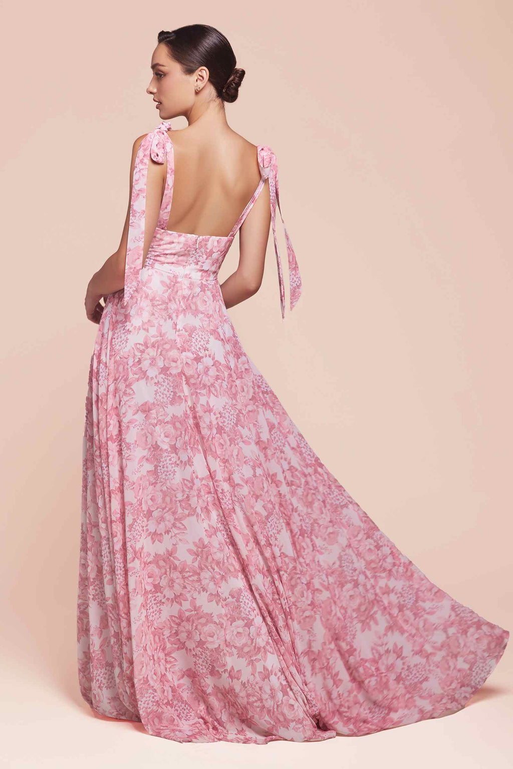 Pink floral maxi A-line dress with tie shoulder straps and V-back