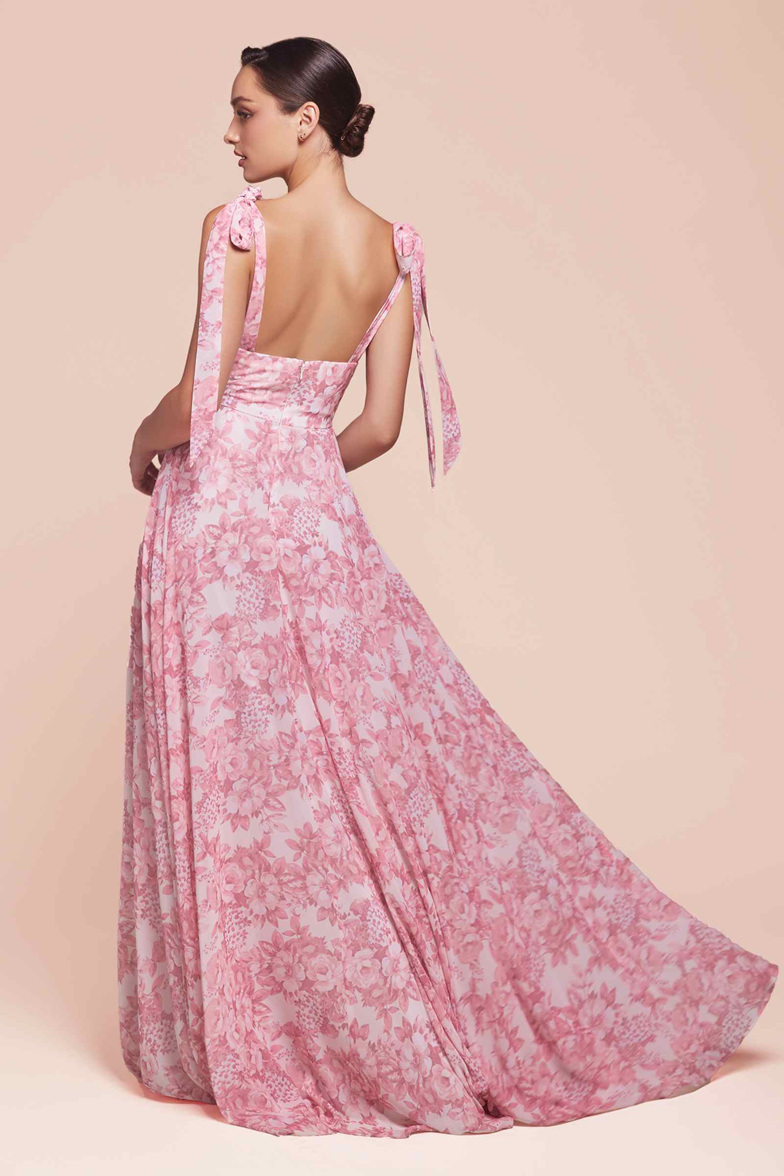 Pink floral maxi A-line dress with tie shoulder straps and V-back