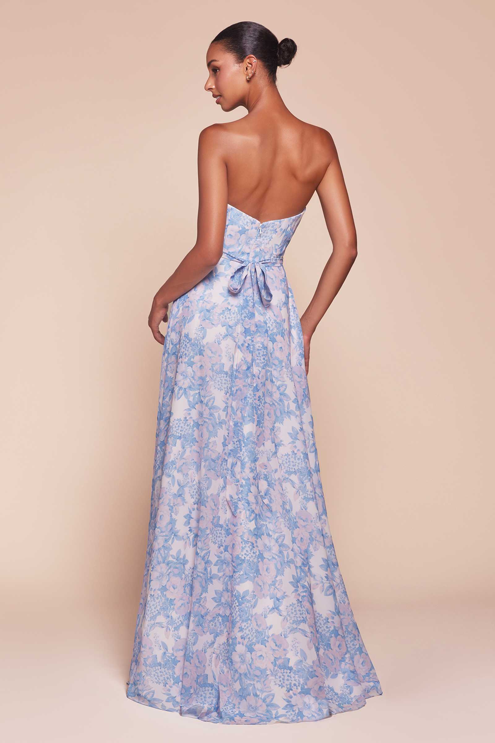 Blue strapless A-line satin dress, lace-up back tie and allover floral print
