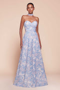 Blue strapless A-line satin dress with floral print, sweetheart neckline and bow