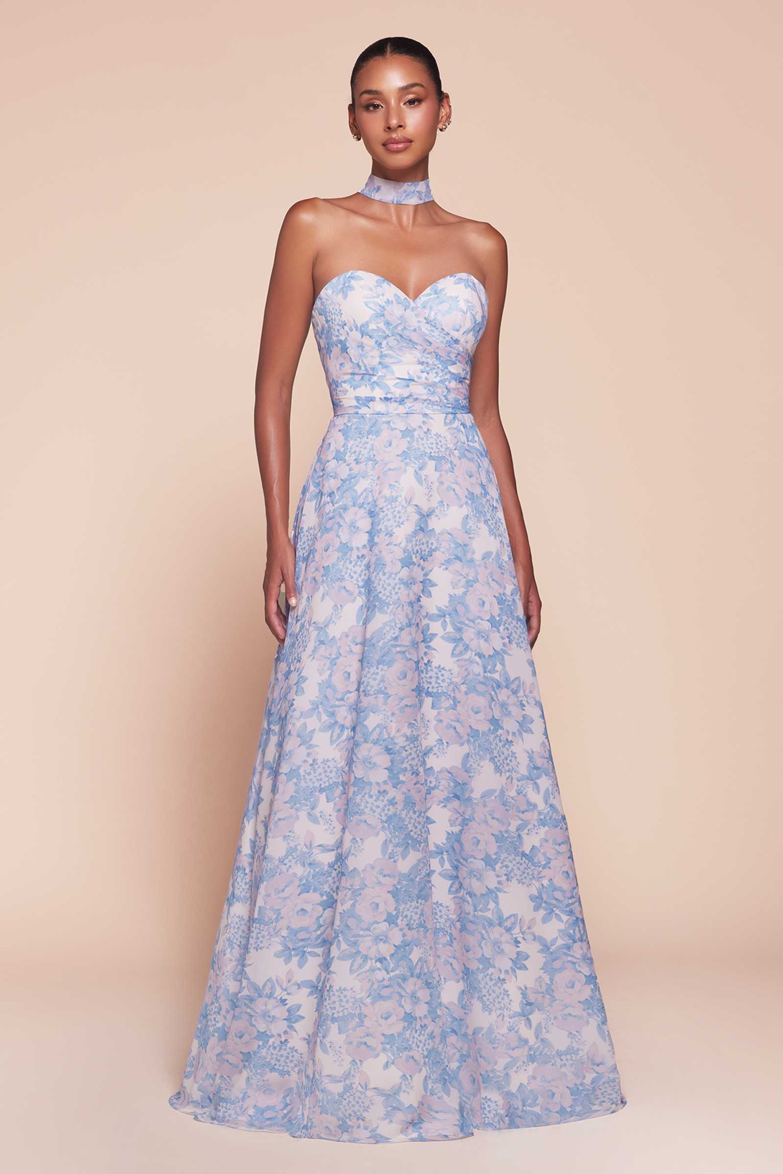 Blue strapless A-line satin dress with floral print, sweetheart neckline and bow