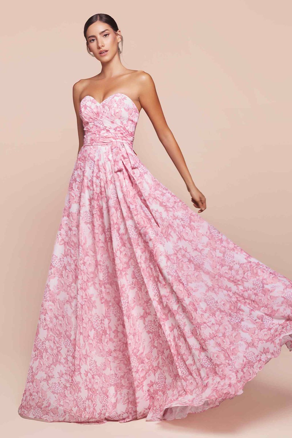 Pink strapless satin A-line dress with floral print, sweetheart bodice and full skirt