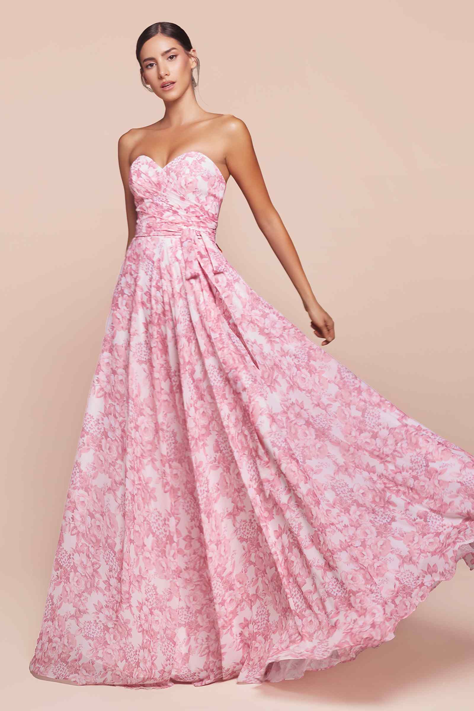 Pink strapless satin A-line dress with floral print, sweetheart bodice and full skirt
