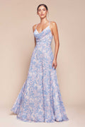 Blue floral A-line satin print dress with spaghetti straps and fitted bodice