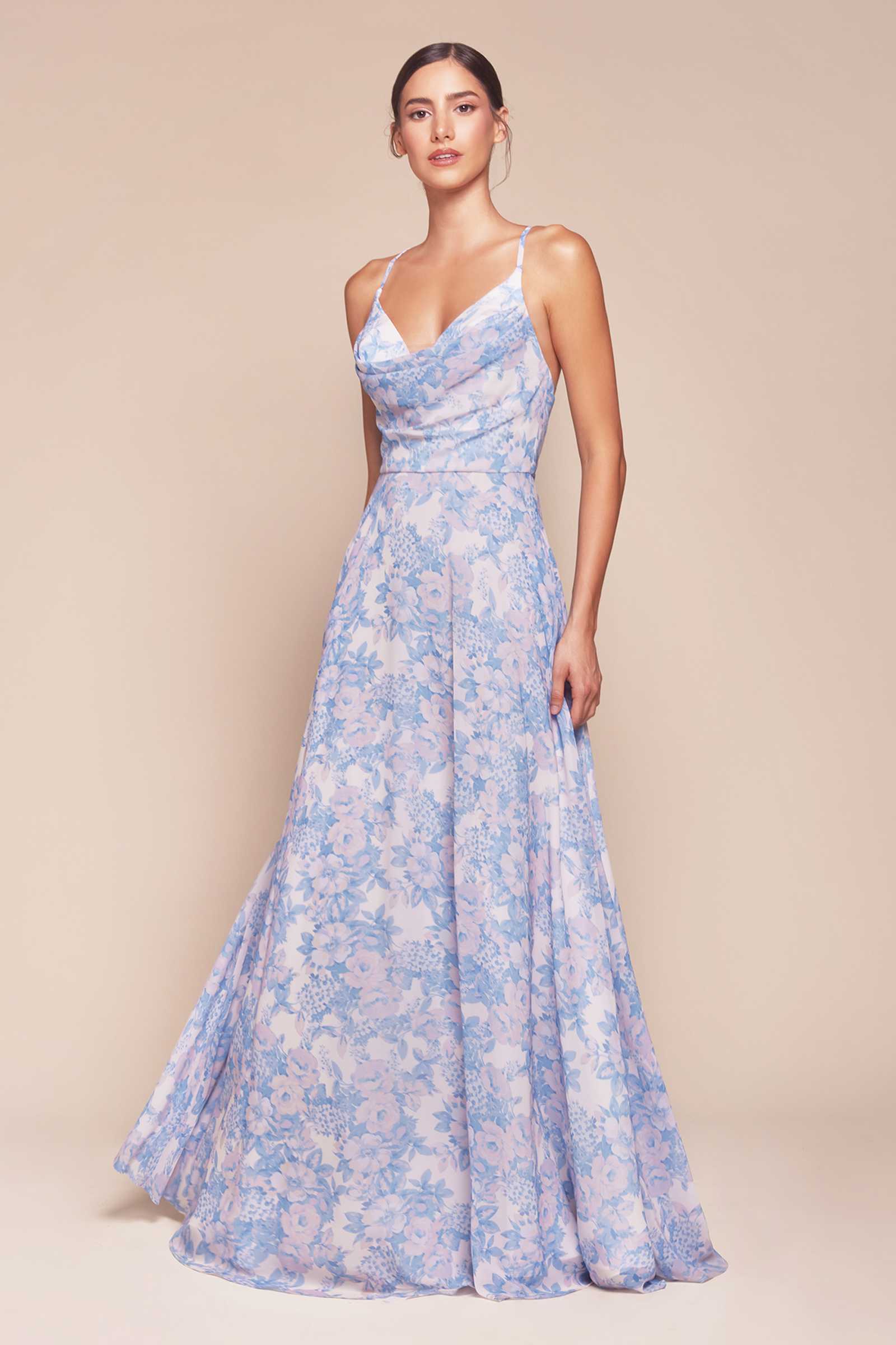 Blue floral A-line satin print dress with spaghetti straps and fitted bodice