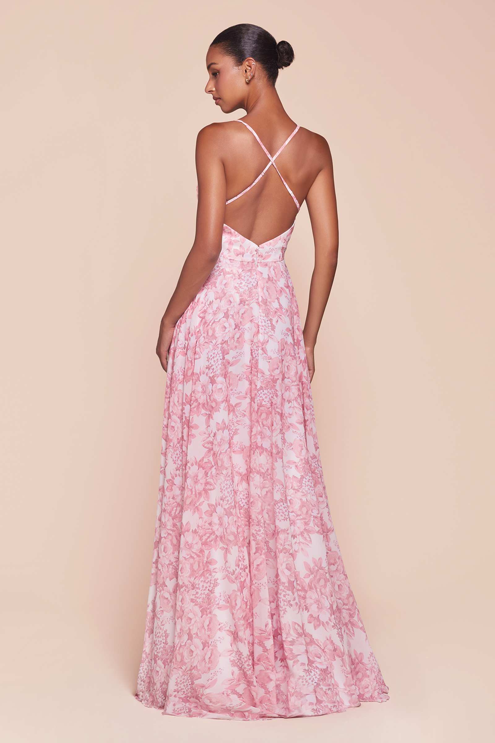 Pink floral A-line satin print dress with open back and spaghetti crisscross straps