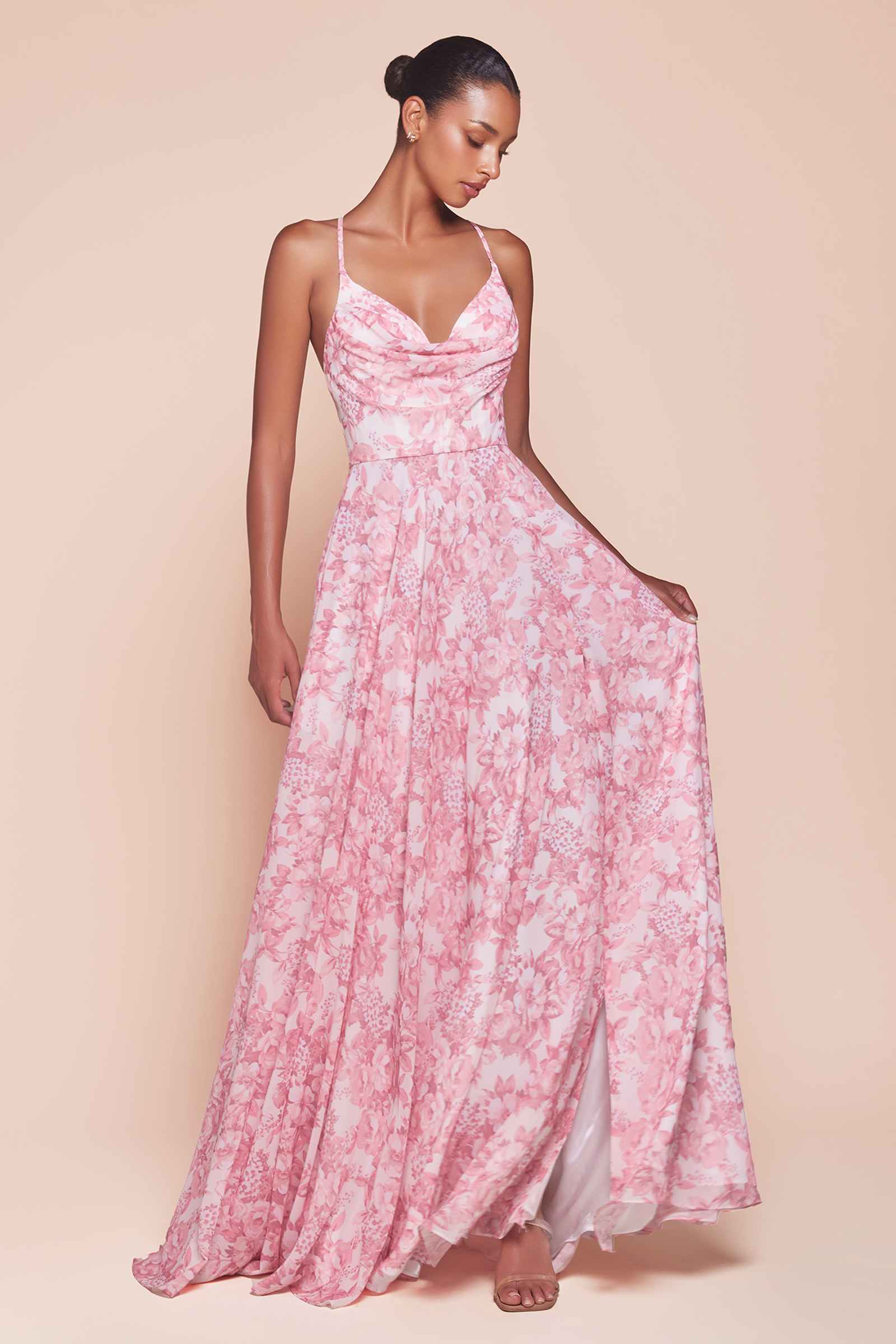 Pink floral A-line satin print dress with spaghetti straps and draped neckline