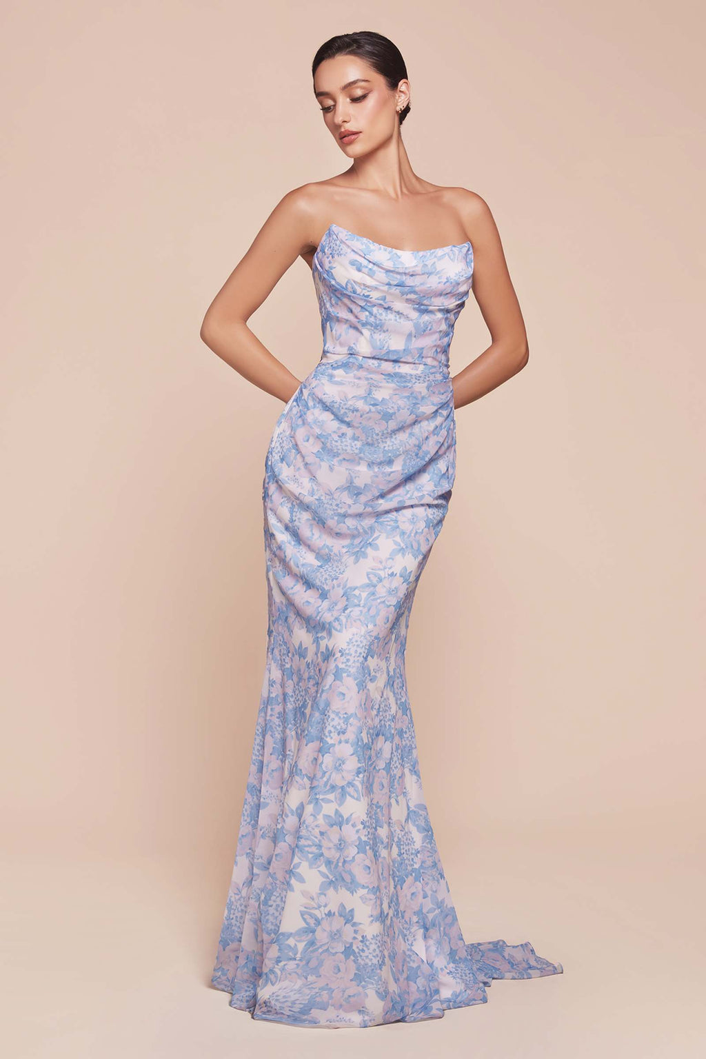 Floral print strapless satin maxi dress, blue fitted silhouette with sweetheart neckline