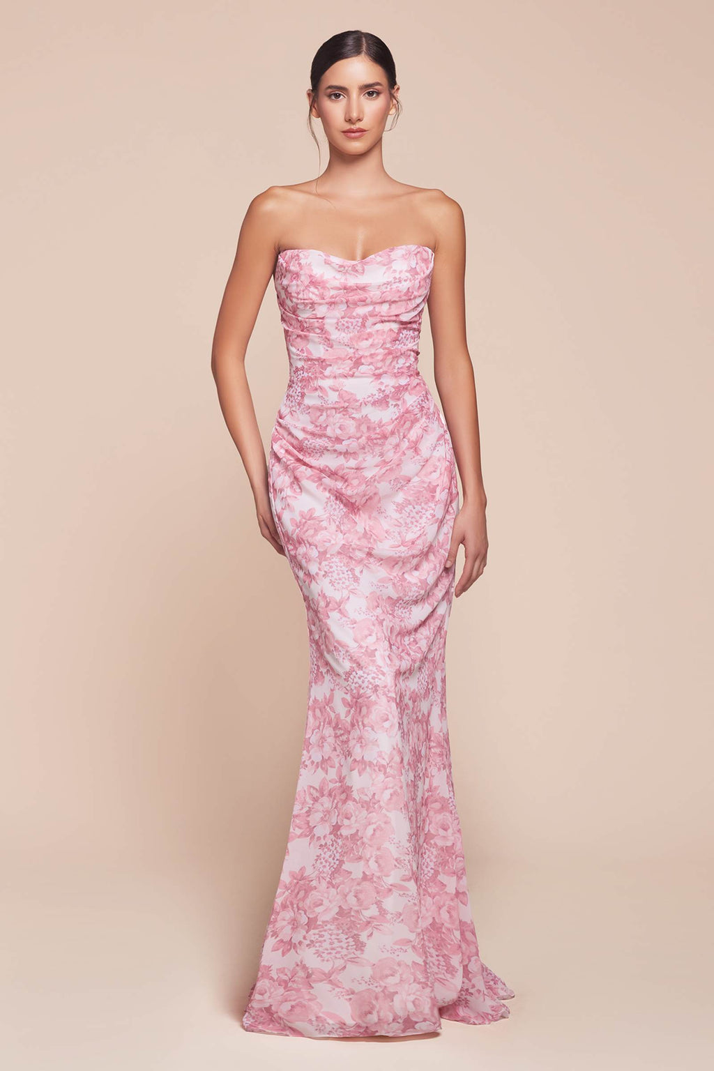 Floral print strapless satin maxi dress, pink fitted bodycon style with straight hem