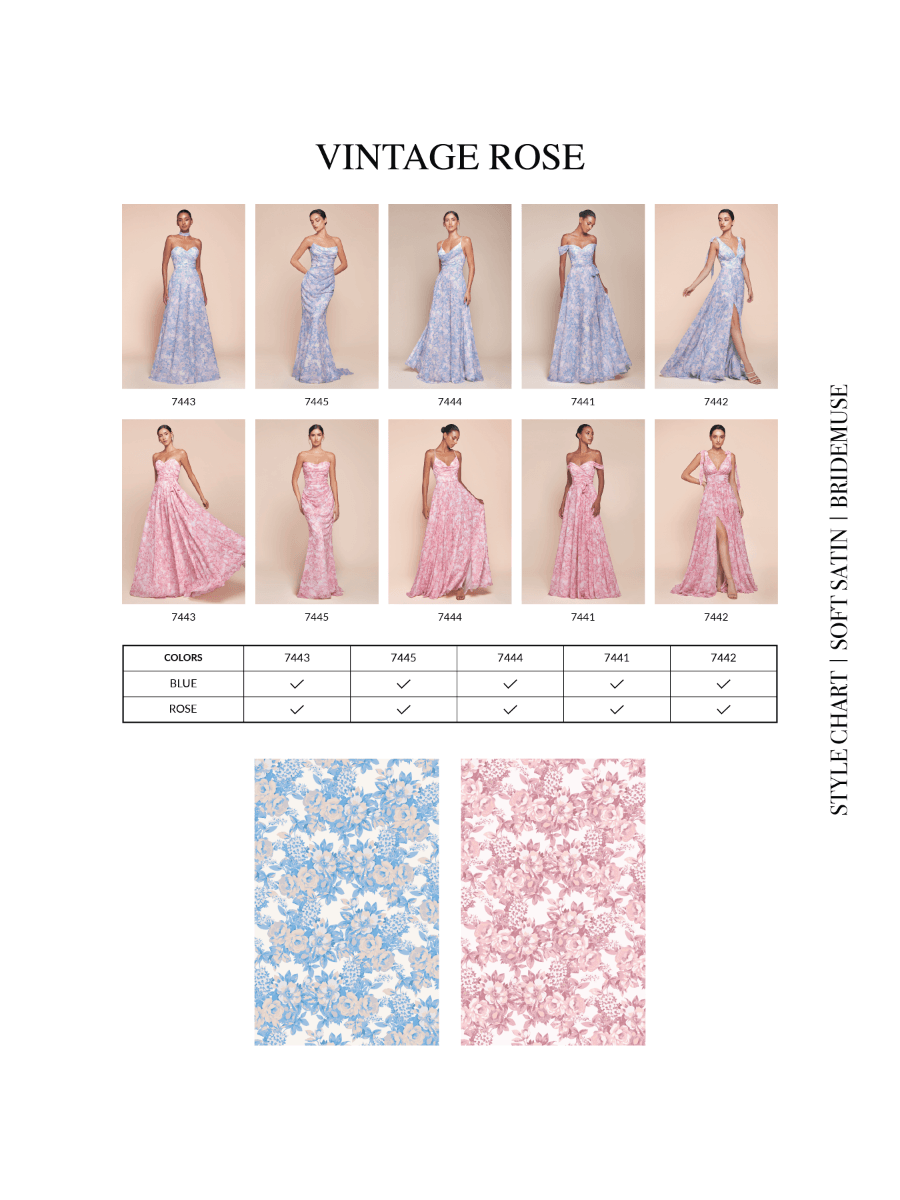 Floral print color swatch sheet with strapless satin maxi dress images