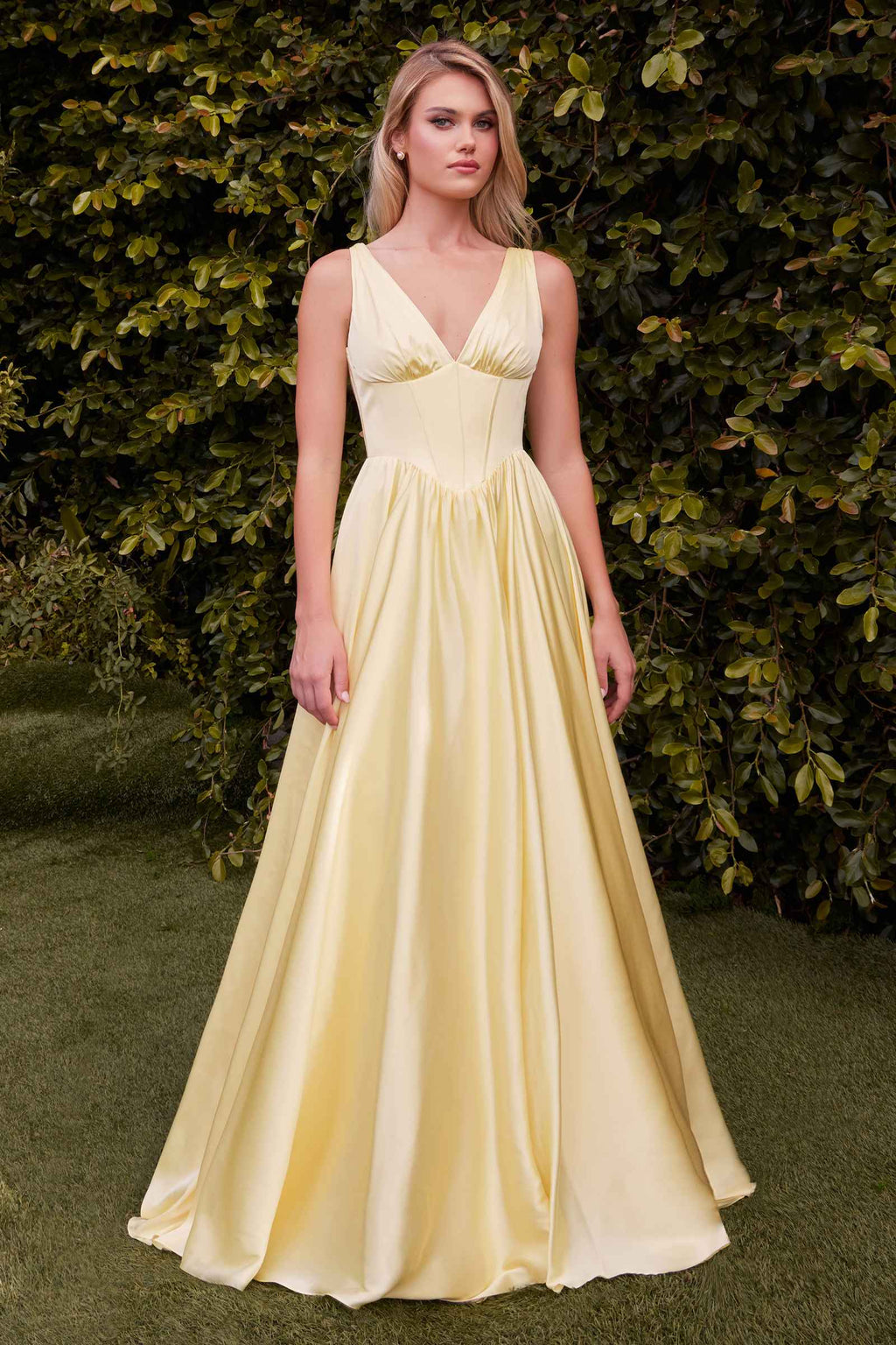 Light yellow A-line satin dress with V-neck and soft gathered skirt