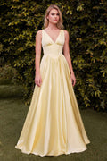 Light yellow A-line satin dress with V-neck and soft gathered skirt