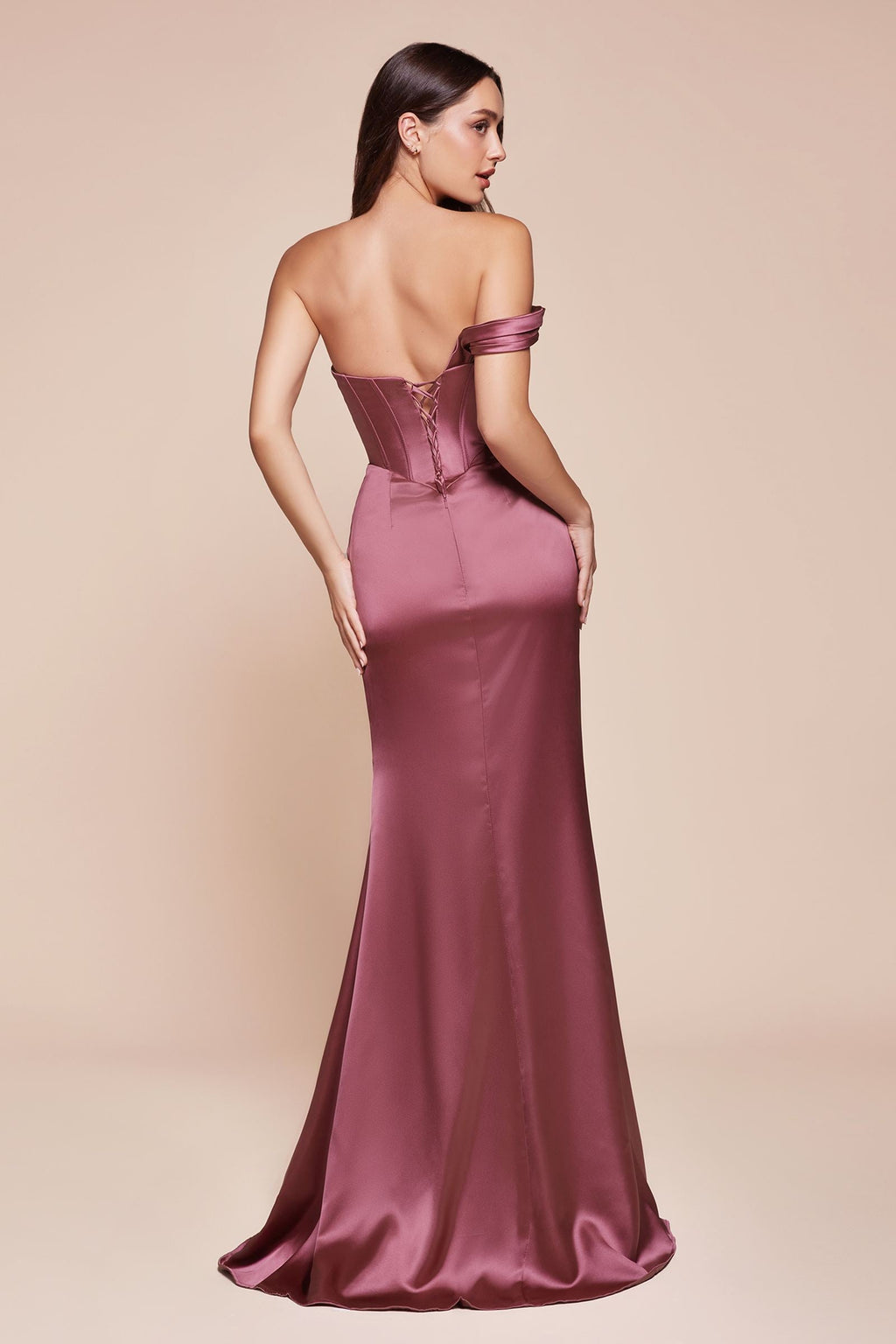 Burgundy satin corset gown with one-shoulder neckline and long mermaid silhouette
