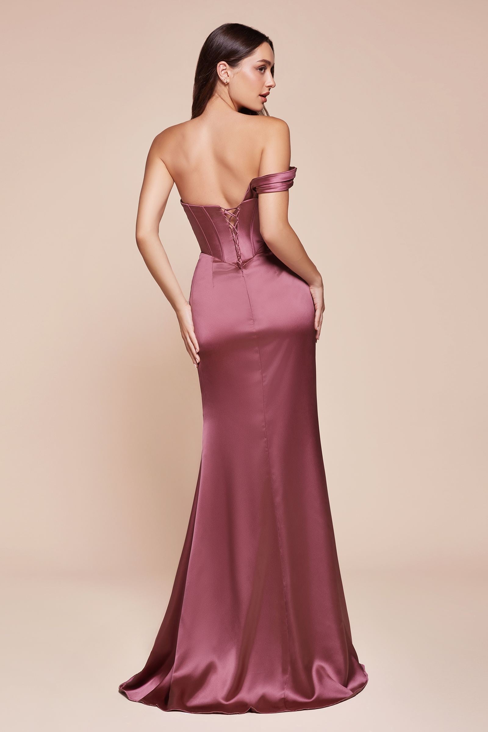 Burgundy satin corset gown with one-shoulder neckline and long mermaid silhouette