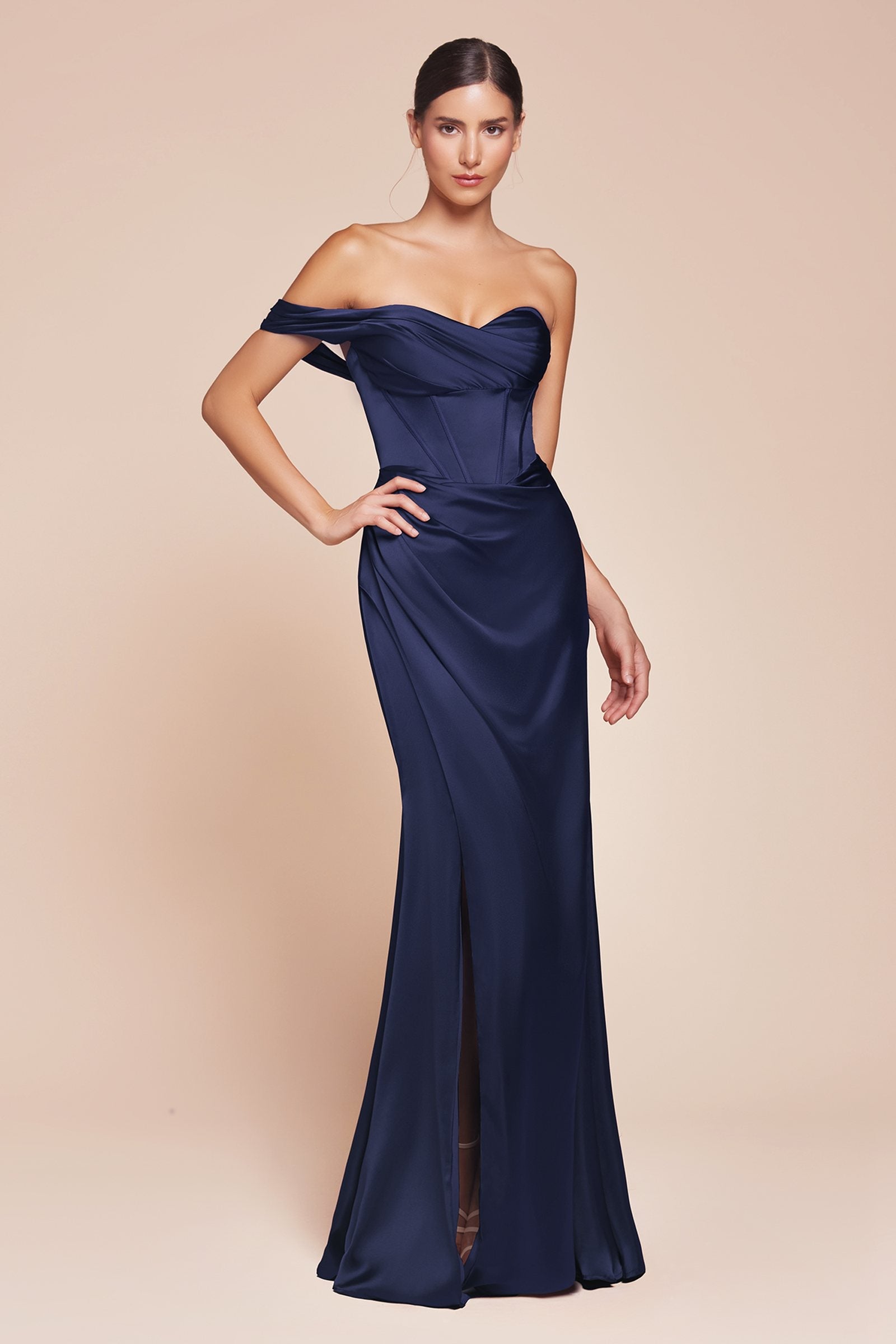 Navy satin corset gown with off-shoulder neckline and thigh-high slit