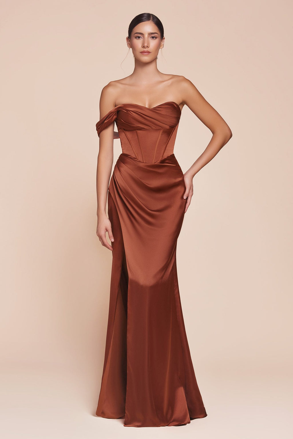 Brown satin corset gown with off-shoulder neckline and thigh-high slit