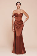 Brown satin corset gown with off-shoulder neckline and thigh-high slit
